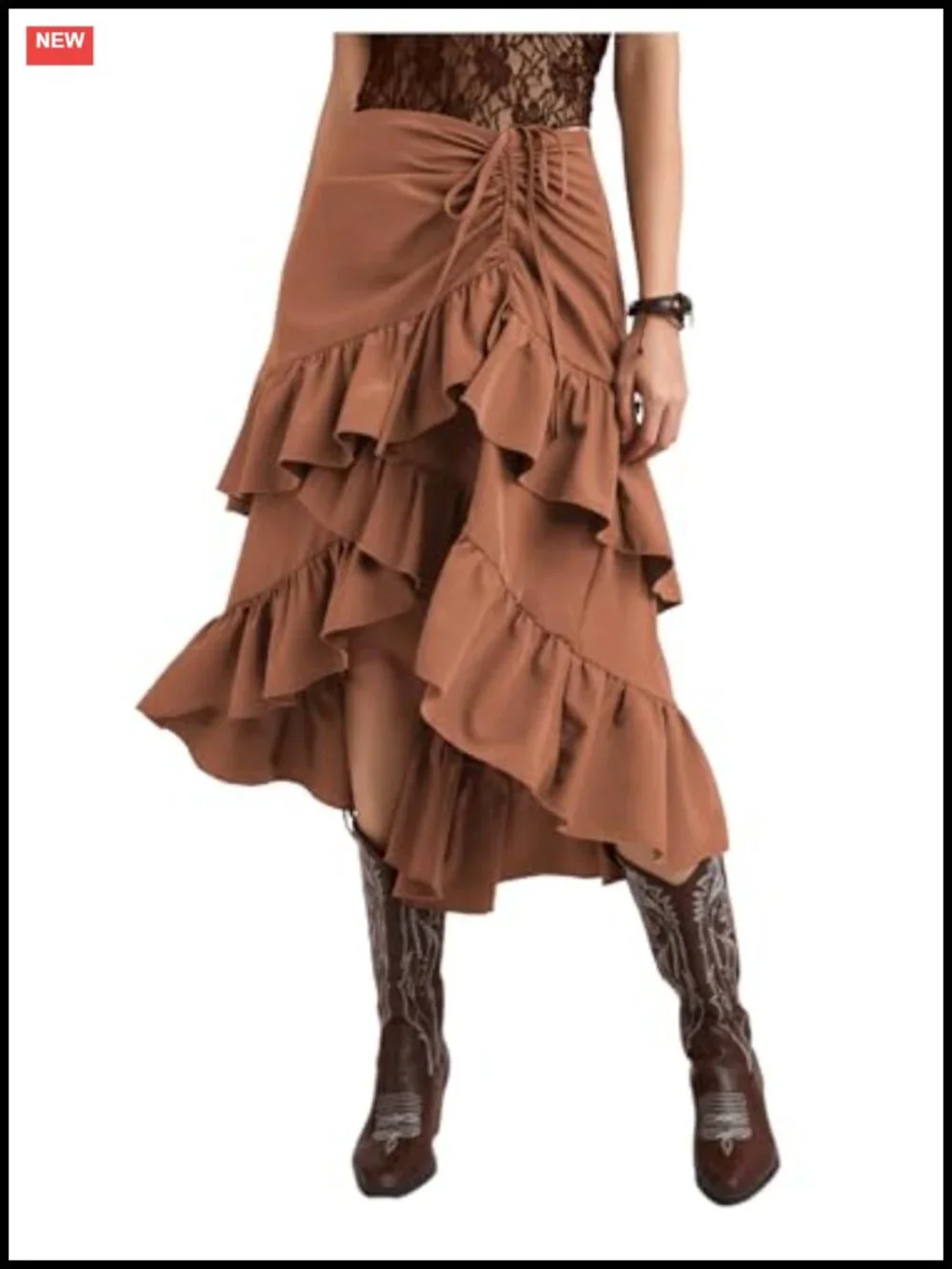 High Waist Wrap Midi Skirt Asymmetrical Ruffle Hem Flowy Tiered Cowgirl Skirt